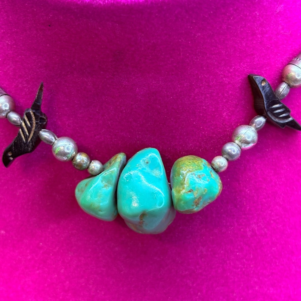 Turquoise Fetish Necklace Unisex 14in Green Good Bird Millefiori Bead - Picture 2 of 8